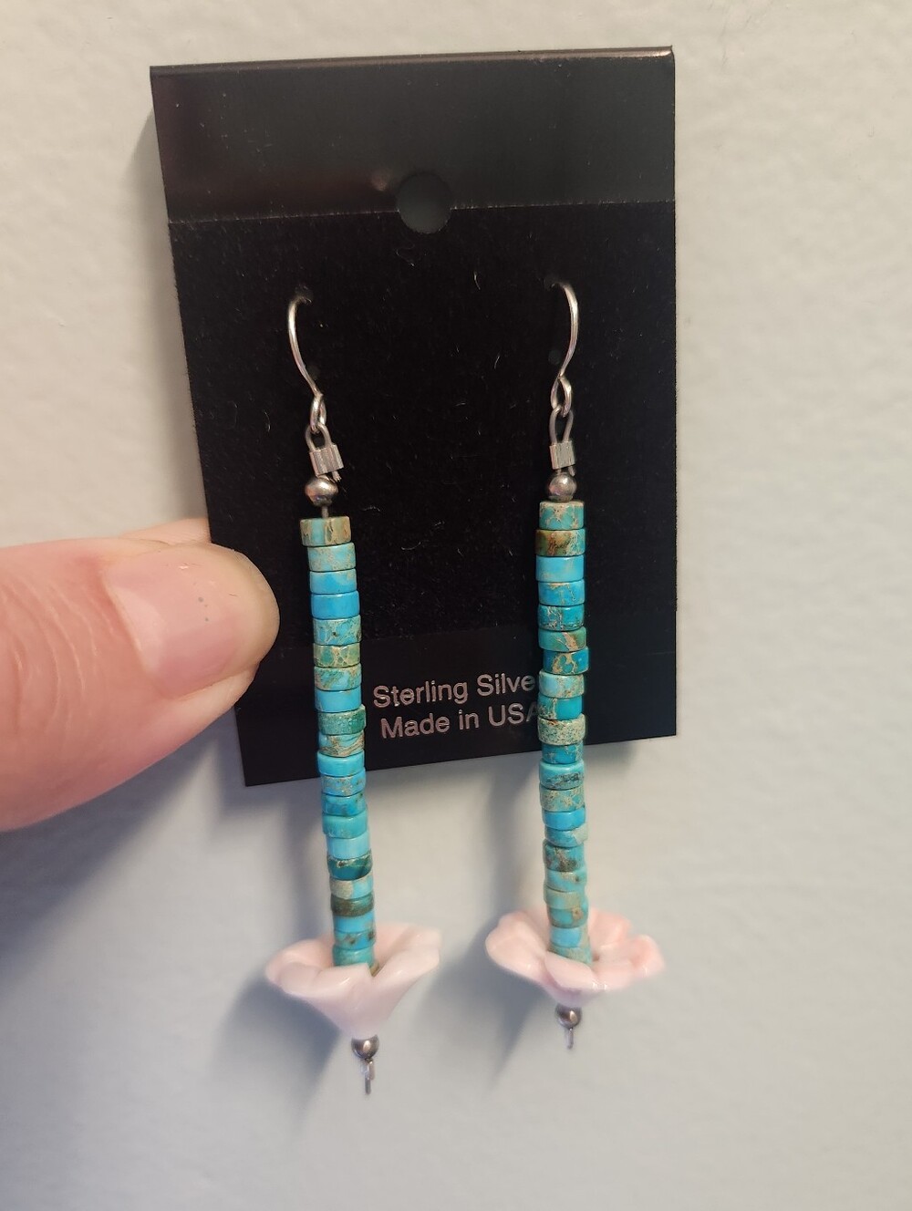 Turquoise Heishi Beaded With Pink Conch Flower Drop Earrings, NWT